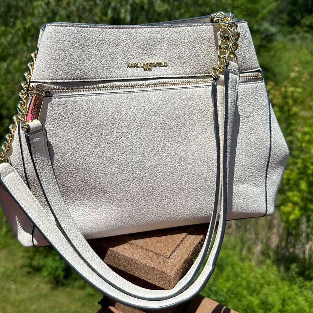 Karl Lagerfeld Cream & Gold Shoulder Bag Agyness Design Triple Compartment EUC